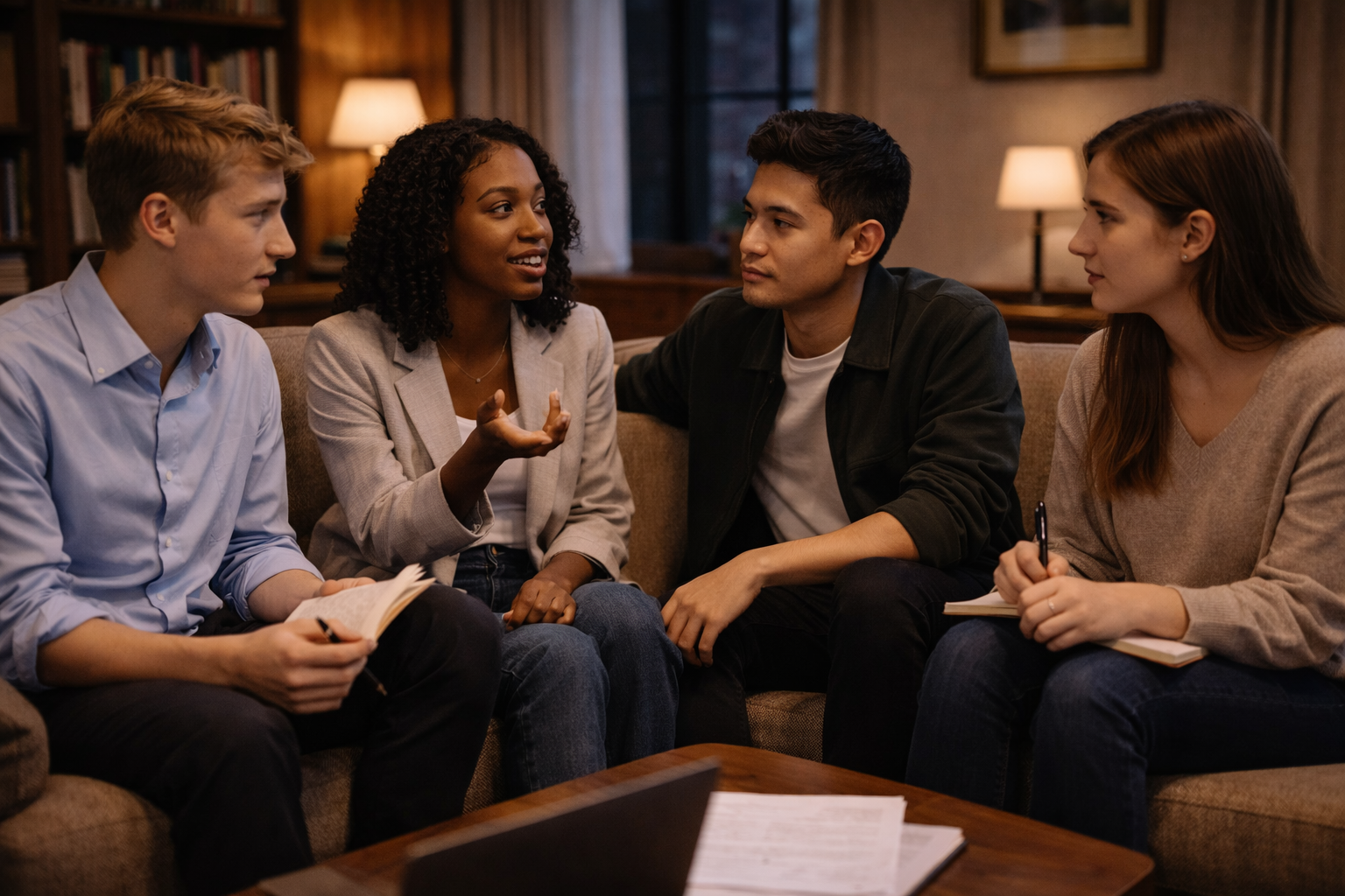 Four students in deep, engaged conversation on a couch
